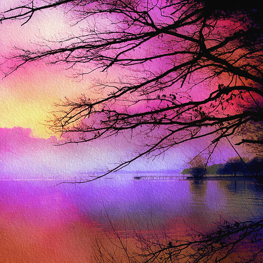 Sunset on the lake Mixed Media by Tatiana Travelways