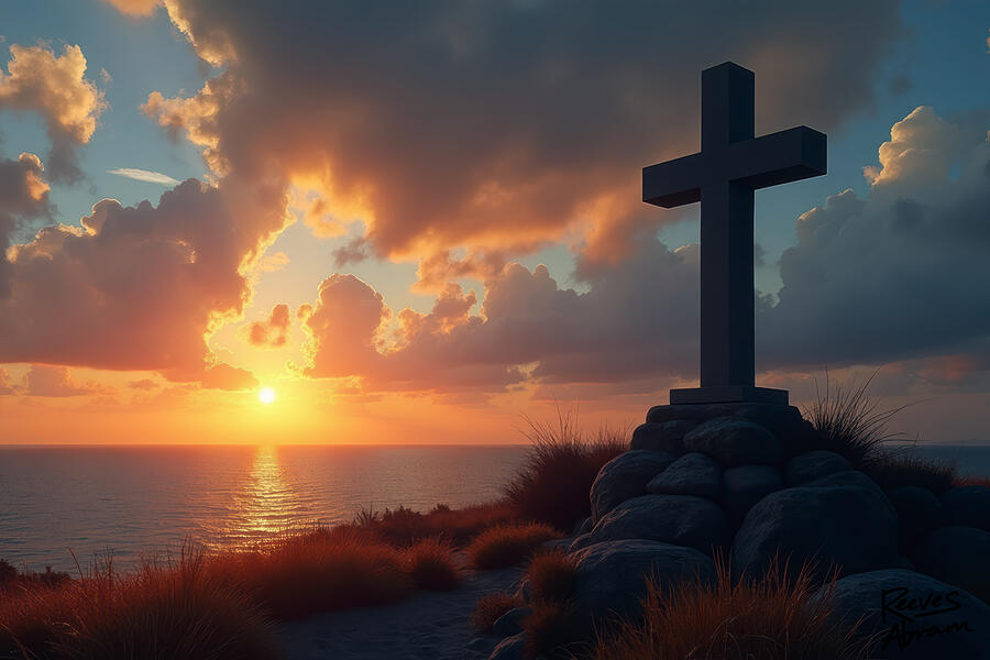 Sunset Over Coastal Cross Digital Art by Reeves Abram - Pastor Reeves Studio - Metal Posters