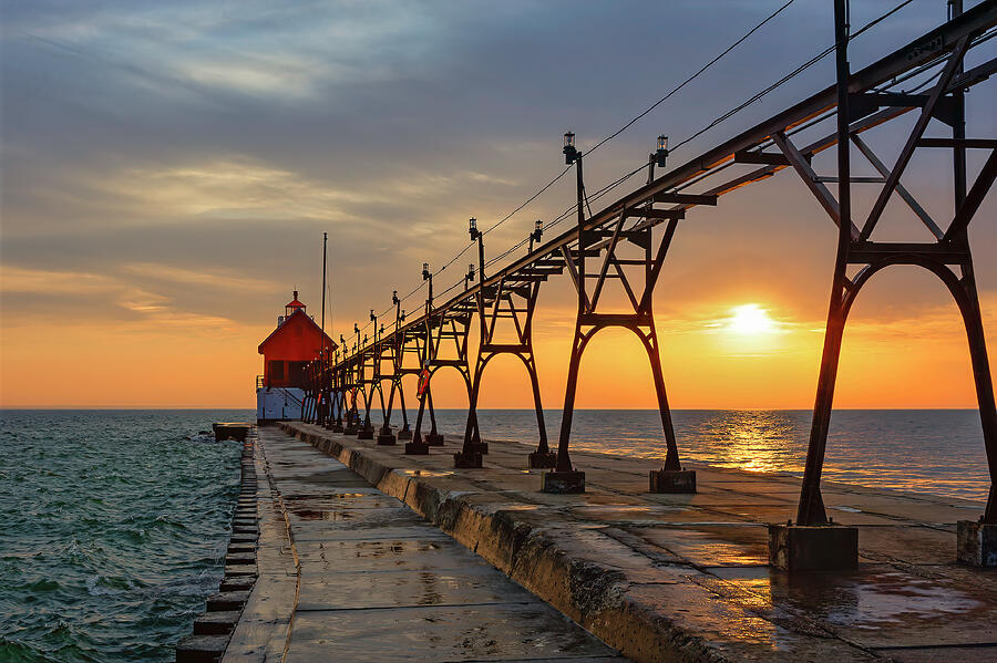 Sunset Over Pier and Lighthouse Photograph - Sunset Over Pier and Lighthouse by Michael Collins