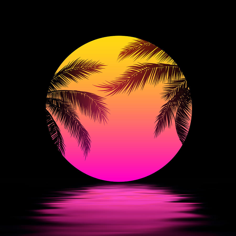 Sunset with Palm Trees, Yellow Pink Sun over the Water. Synthwave Retrowave Art Drawing by Magnilion