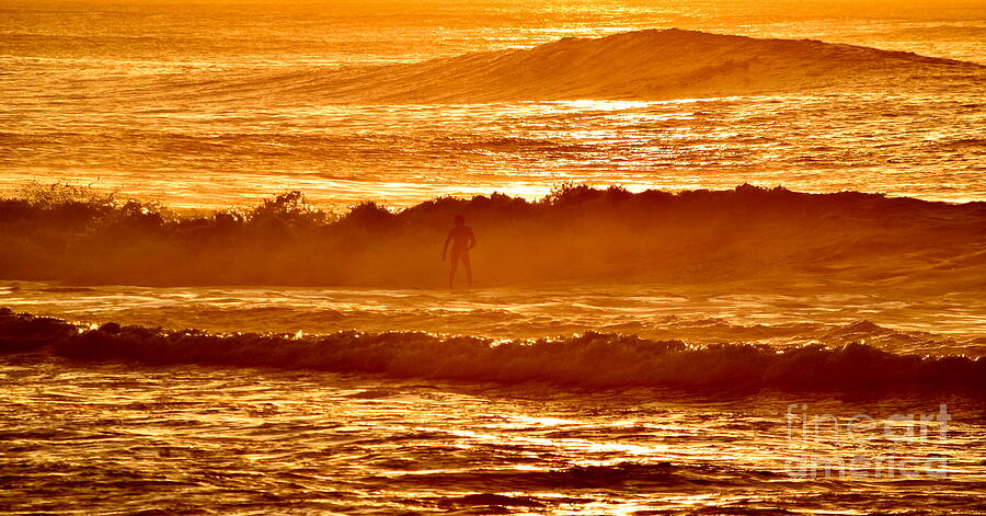 Surfer in a Golden Sunset Photograph - Surfer in Golden Light Kauai by Debra Banks
