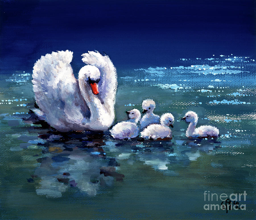 Swan Mother And Chicks Painting by Wan Weisheng