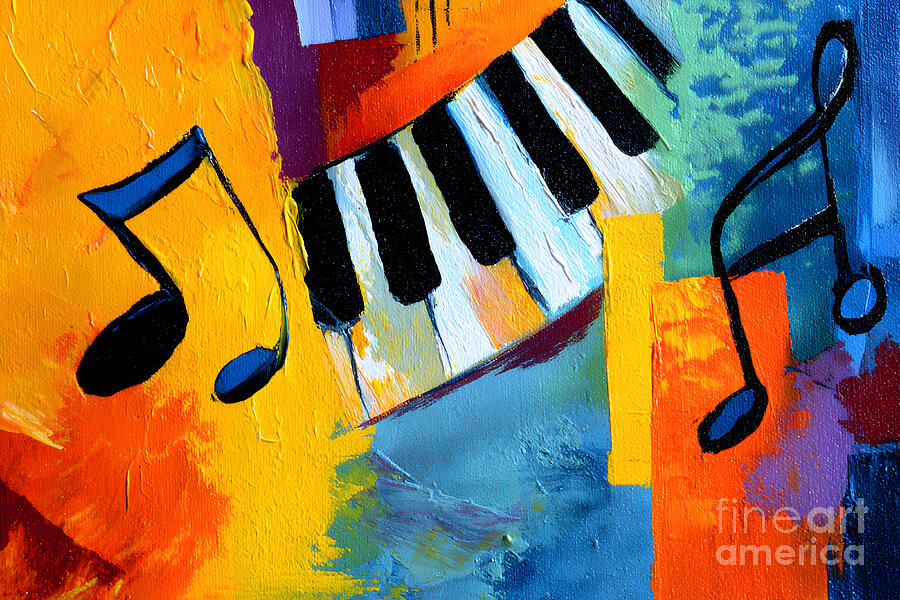Swirling Piano Melody - Vibrant Abstract Music Art with Bold Blues