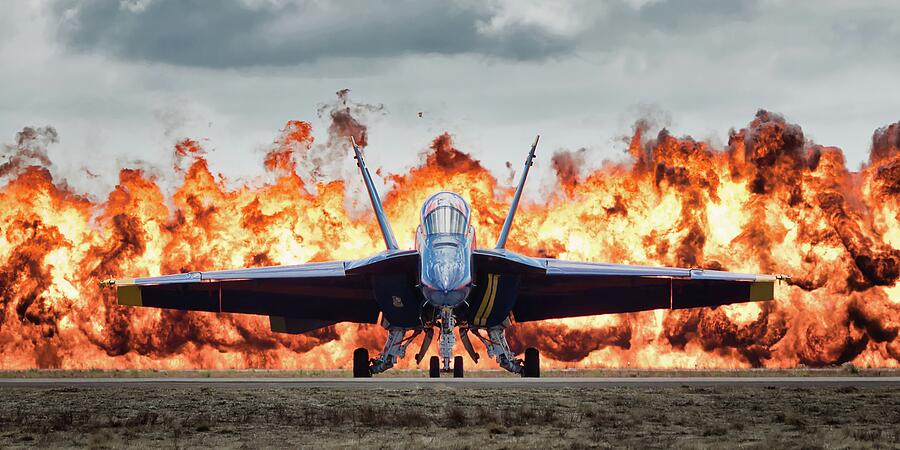 Jet Fighter with Explosive Backdrop Photograph - Tail Lick by American Landscapes