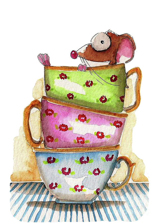 Mouse Peeking from Stacked Teacups Painting - Tea for one by Lucia Stewart
