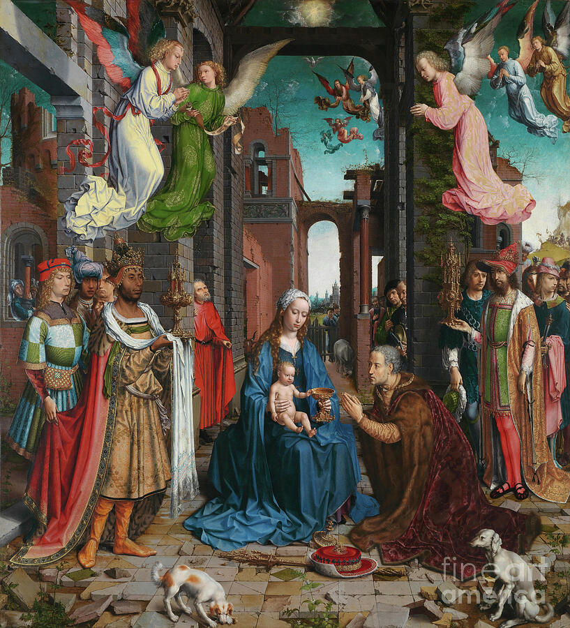 Jan Gossaert, The Adoration of the Kings, 1510-15: Caspar kneels before the Virgin and Child in a ruined palace, with Melchior, Balthasar, Joseph, shepherds, two dogs and angels in the ruins
