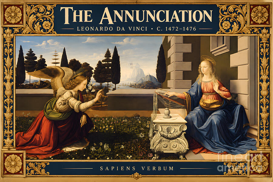 The Annunciation by Leonardo da Vinci, vintage art poster by Sapiens Verbum