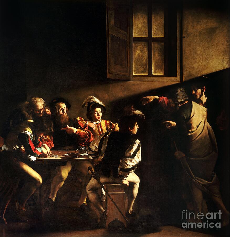 Caravaggio, The Calling of Saint Matthew, 1599-1600: Christ and Saint Peter enter a dark room from the right and point at a group of men counting money at a table, lit by a diagonal beam of light