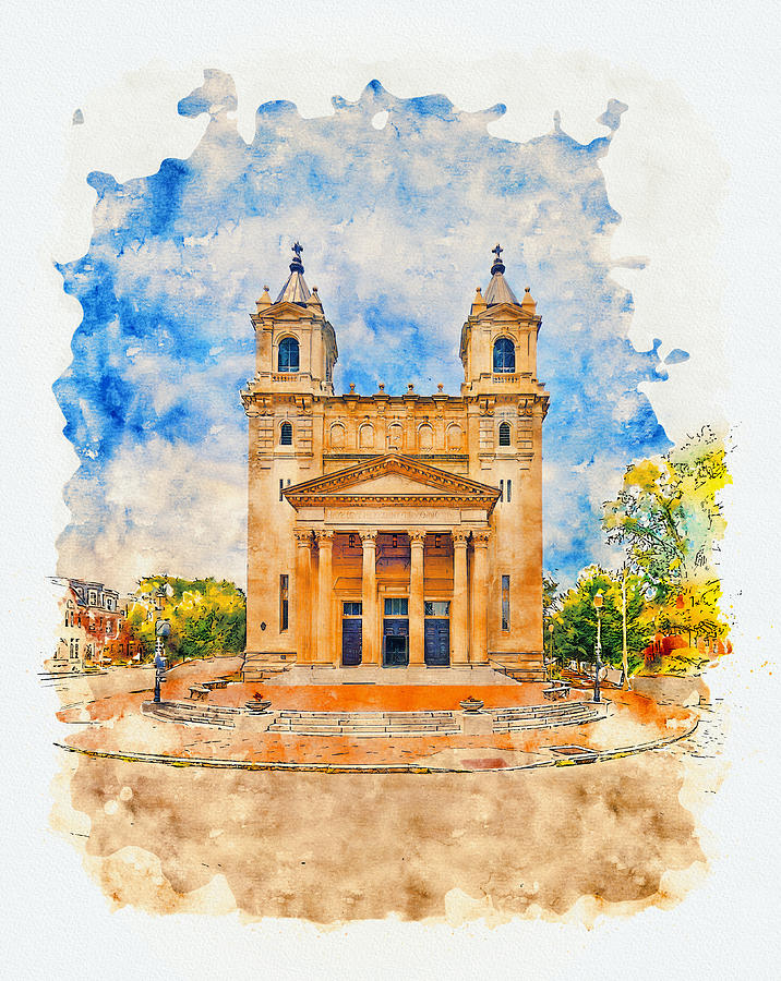 The Cathedral of the Sacred Heart in Richmond, Virginia - pen sketch and watercolor Digital Art by Nicko Prints