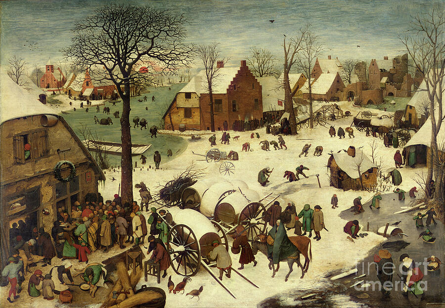 Pieter Bruegel the Elder, The Census at Bethlehem, 1566: a Flemish village in the snow at sunset, villagers gathered at an inn to be registered, children playing on the ice and Mary on a donkey