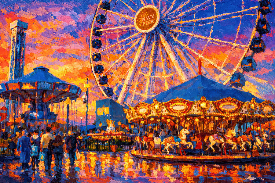 Vibrant Navy Pier Carnival Digital Art - The Centennial Wheel and the Navy Pier Carousel in Chicago - impressionist painting by Nicko Prints