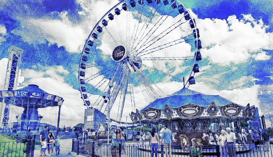 Colorful Ferris Wheel and Carousel Digital Art - The Centennial Wheel and the Navy Pier Carousel in Chicago - pen sketch effect by Nicko Prints