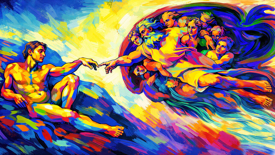 Colorful Rendition of Michelangelo's Creation Digital Art - The Creation of Adam by Michelangelo - pop art digital painting recreation by Nicko Prints
