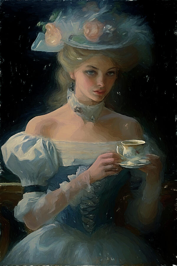 Elegantly Dressed Lady with Teacup Digital Art - The Cup of Tea Oil Painting by Nature Oil Painting
