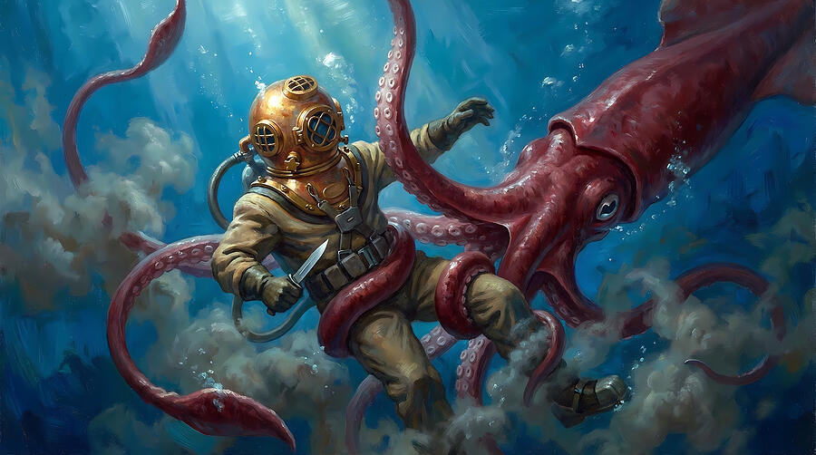 The Deep Sea Diver and Giant Squid Digital Art by Titan Lore Co - Metal ...