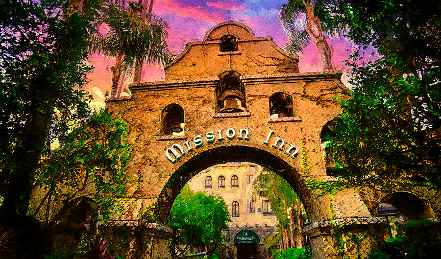The entrance of the Mission Inn Hotel and Spa courtyard in Riverside, California Digital Art by Nicko Prints