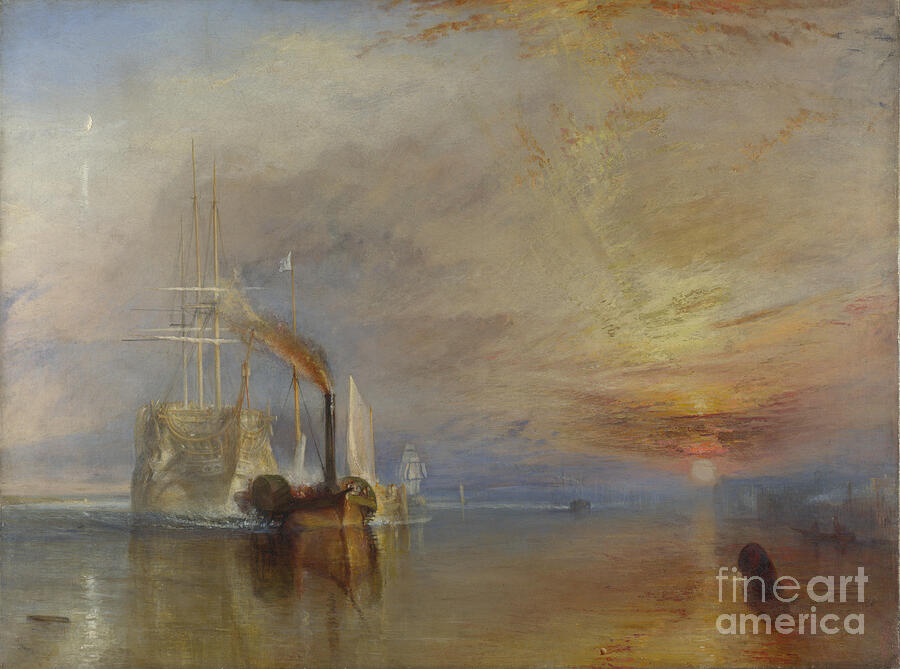 J.M.W. Turner, The Fighting Temeraire, 1839 — a pale sailing warship towed by a dark steam tug at sunset on the Thames