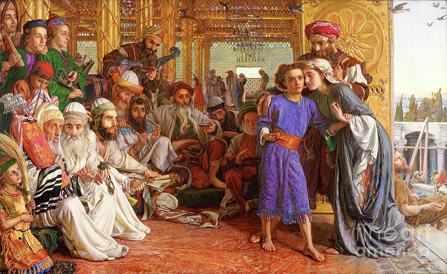 William Holman Hunt, The Finding of the Saviour in the Temple, 1854-1860: Mary embraces the boy Jesus in a striped robe, Joseph stands behind them, and the rabbis of the Temple sit with scrolls in a golden hall