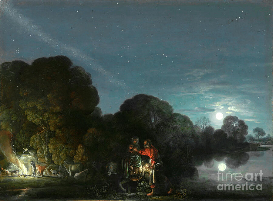 Adam Elsheimer, The Flight into Egypt, 1609: under a starry sky and a full moon reflected in a lake, Joseph with a torch leads Mary and the Christ Child on a donkey past shepherds around a fire