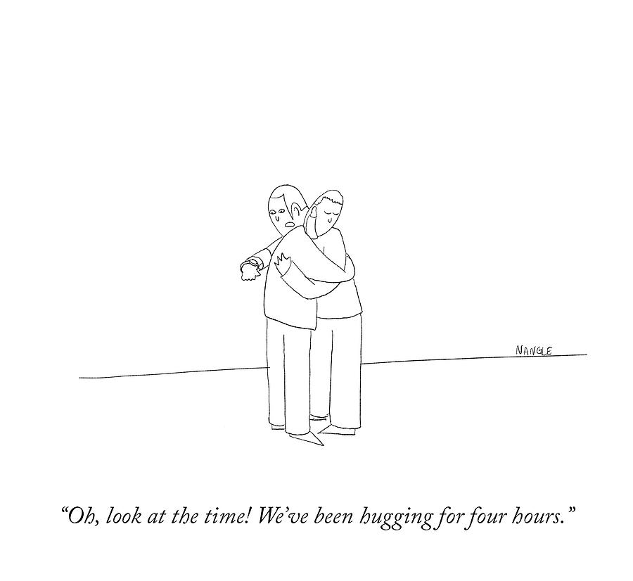 Comedic Long Hug Cartoon Drawing - The Four Hour Hug by Jared Nangle