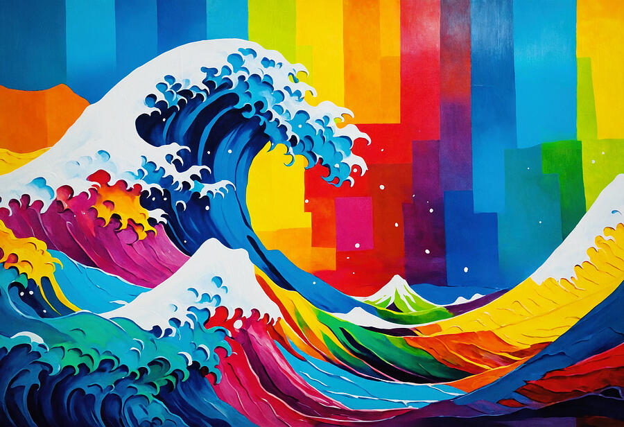 Colorful Wave Scene Digital Art - The Great Wave off Kanagawa - colorful pop art digital painting by Nicko Prints