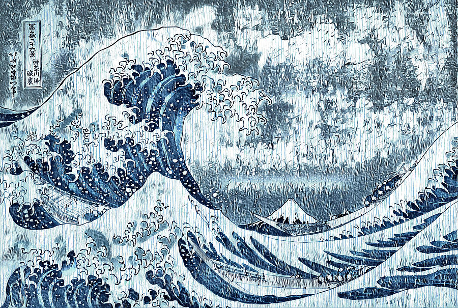 The Great Wave off Kanagawa with wood texture effect and in blue color Digital Art by Nicko Prints