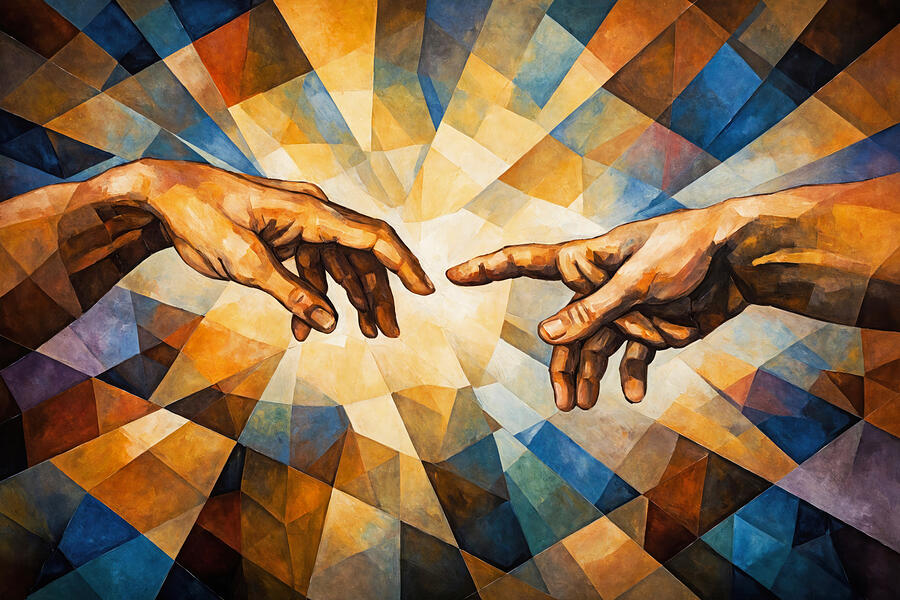 Interlocking Hands in Stained Glass Digital Art - The hands detail from the creation of Adam by Michelangelo - cubist painting by Nicko Prints