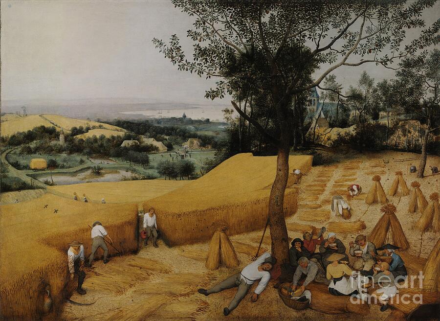 Pieter Bruegel the Elder, The Harvesters, 1565 — peasants resting under a pear tree beside a half-cut wheat field