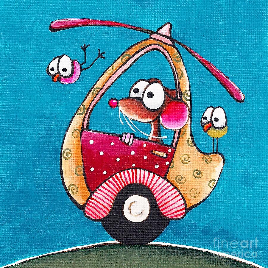 Cartoon Mouse in Quirky Vehicle Painting - The helicopter by Lucia Stewart