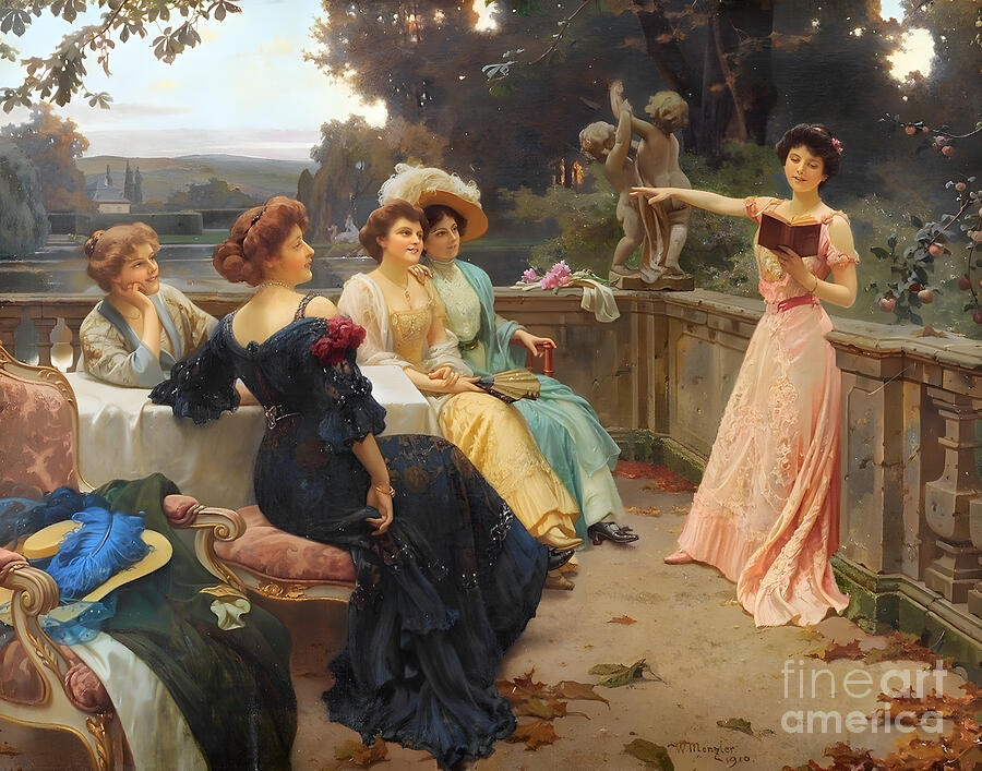 Wilhelm Menzler, The Literary Quintet, 1910: a woman in a pink gown reads aloud from a book to four women seated on a garden terrace with a cupid statue and a lake behind them