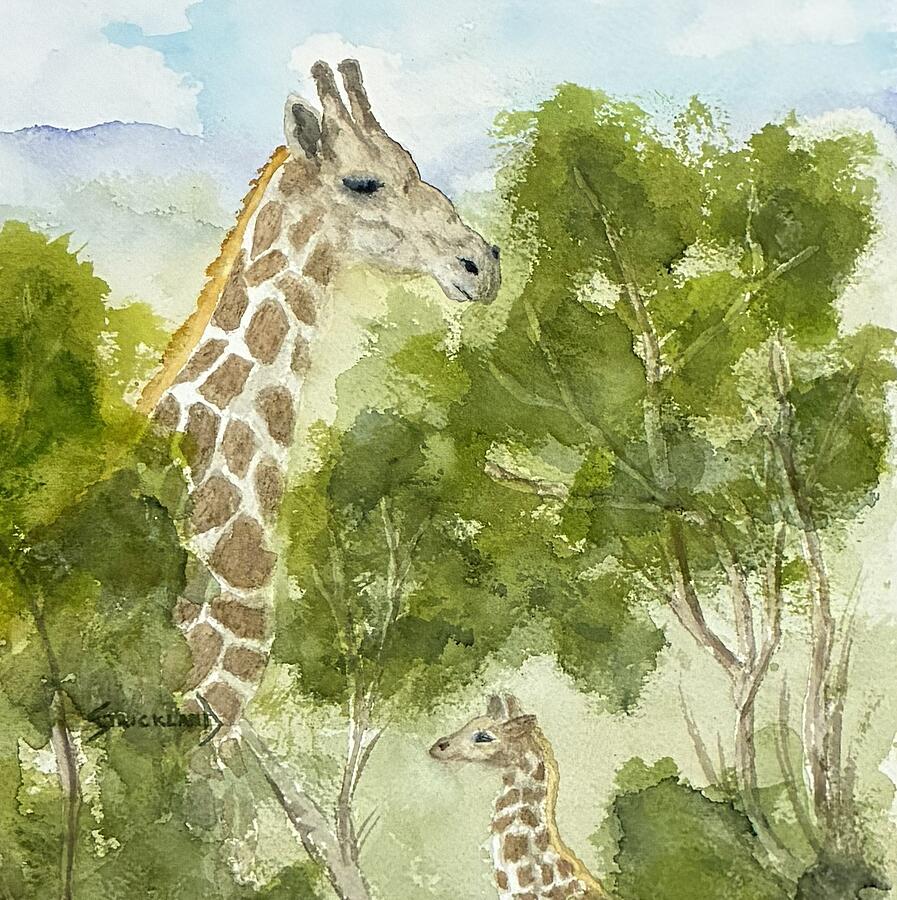 Giraffes in a Lush Landscape Painting - The Long Reach of Love by Judy Strickland