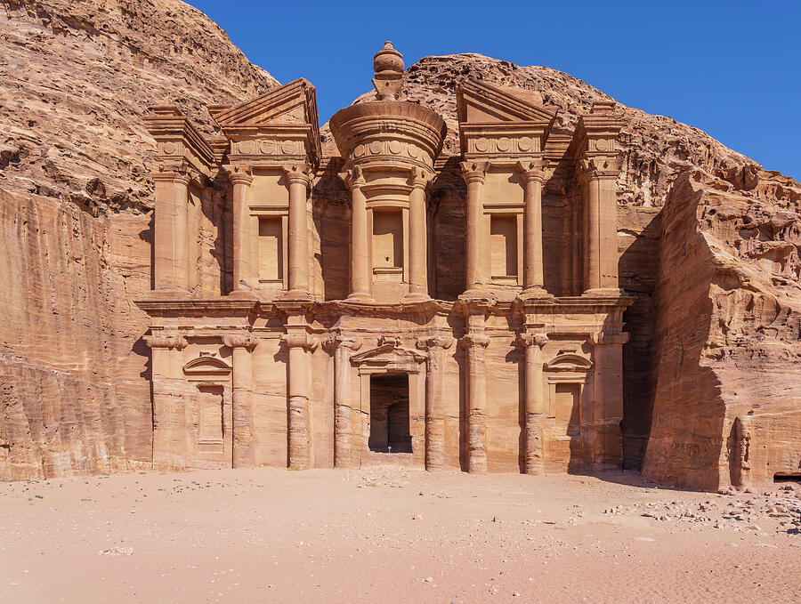 Ancient Monastery at Petra Photograph - The Monastery or Ad Deir carved from the rock face above Petra by Steven Heap