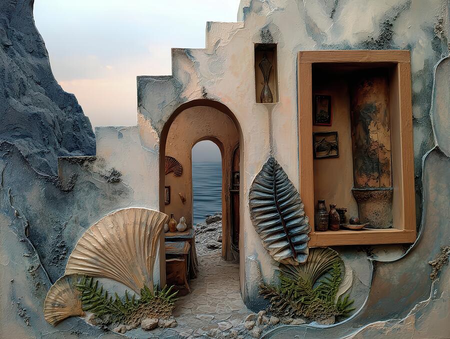 Seaside Stone Archway with Shells Digital Art - The Paleobotanists Cottage, which was Built Around a Time Portal to a Devonian Shore by Eris And AI