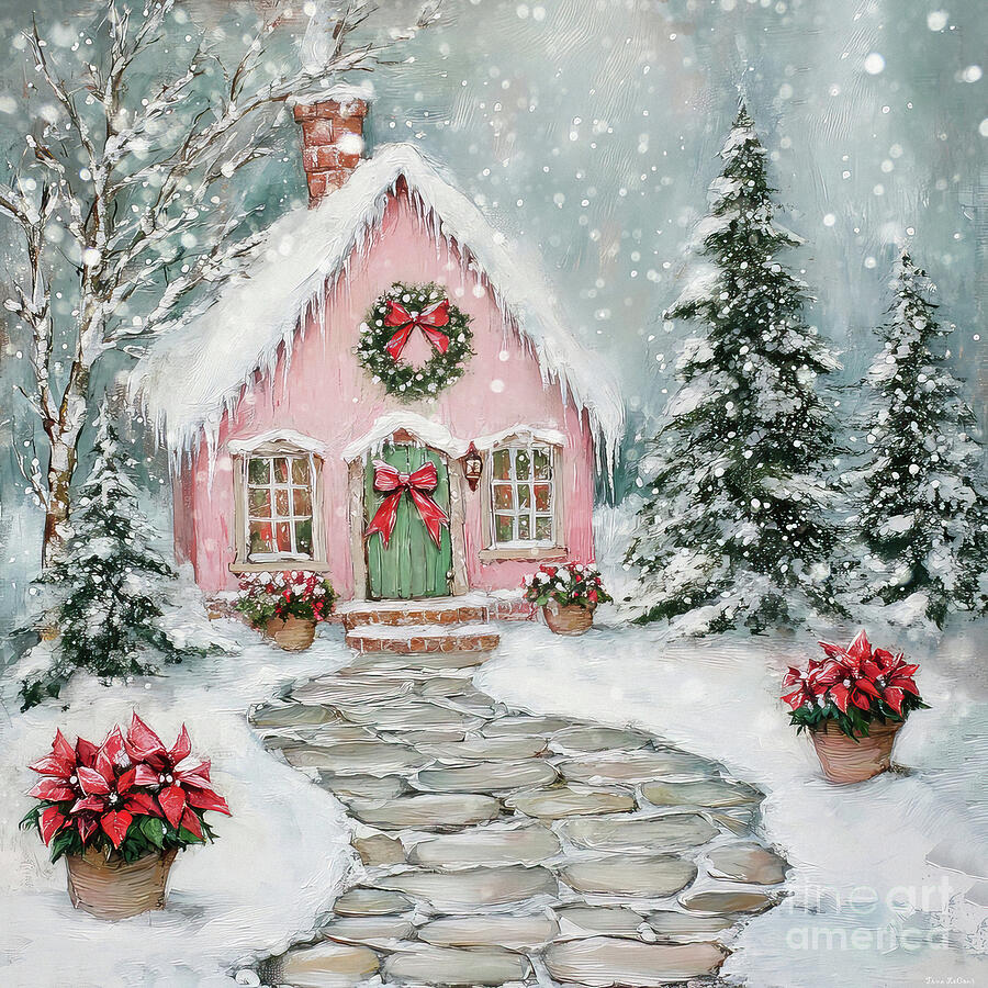 The Pink Christmas Cottage Painting by Tina LeCour - Metal Posters