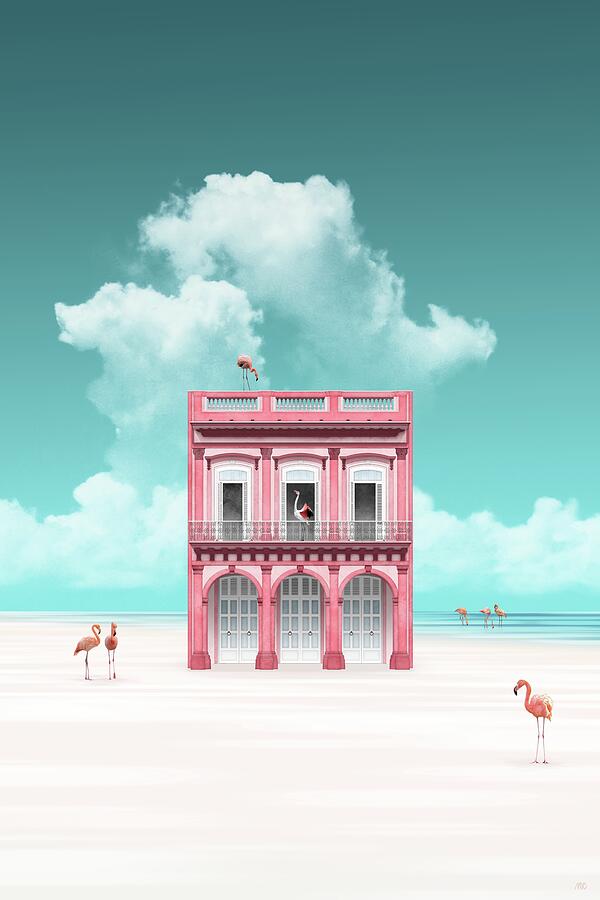 The Pink House with Flamingos Digital Art - The Pink House by Moira Risen