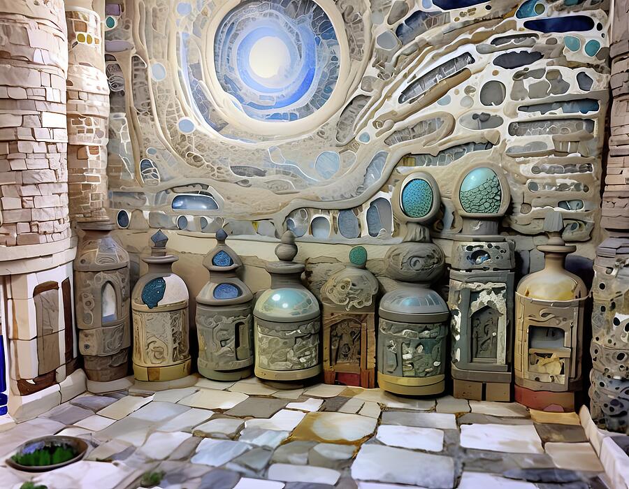 Intricate Wall with Mystical Spheres Digital Art - The Portal In The Cellar by Eris And AI