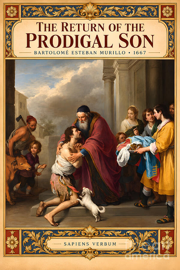 The Return of the Prodigal Son by Bartolomé Esteban Murillo, vintage art poster by Sapiens Verbum