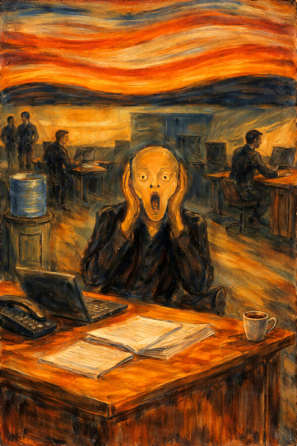 Surreal Office Panic Scene Digital Art - The Scream in the corporate office - digital painting in the style of Edvard Munch by Nicko Prints