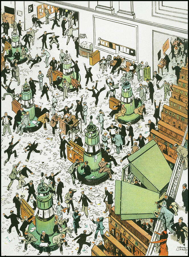 Bustling New York Stock Exchange Scene Drawing - The Stock Exchange - Up and Down New York - NY scenes and sites by Tony Sarg by Tony Sarg
