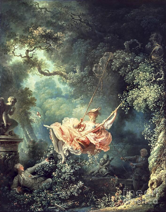 Jean-Honoré Fragonard, The Swing, c. 1767–68: a woman in a pink dress on a swing in a garden