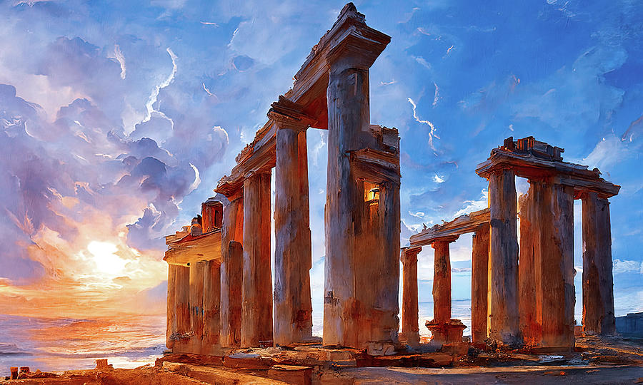 Temple of Poseidon at Sunset Painting - The Temple of Poseidon, 01 by AM FineArtPrints