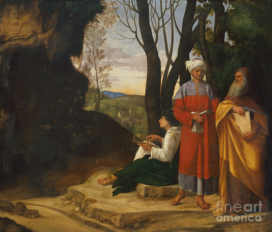 Giorgione, The Three Philosophers, c. 1508-09: a young seated man with compasses, a turbaned man and an old bearded man beside a cave in a landscape
