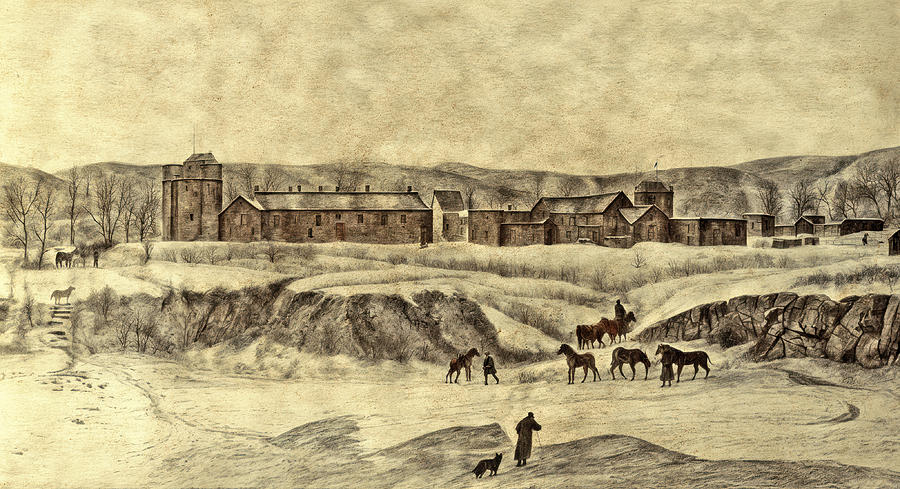 The trading post Fort Pierre, South Dakota, in the 1850s - digital painting blended on old paper Digital Art by Nicko Prints