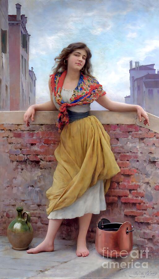 Eugene de Blaas, The Water Carrier: a barefoot young Venetian woman in a flowered shawl and yellow skirt leans against a brick parapet beside a copper bucket and a green jug