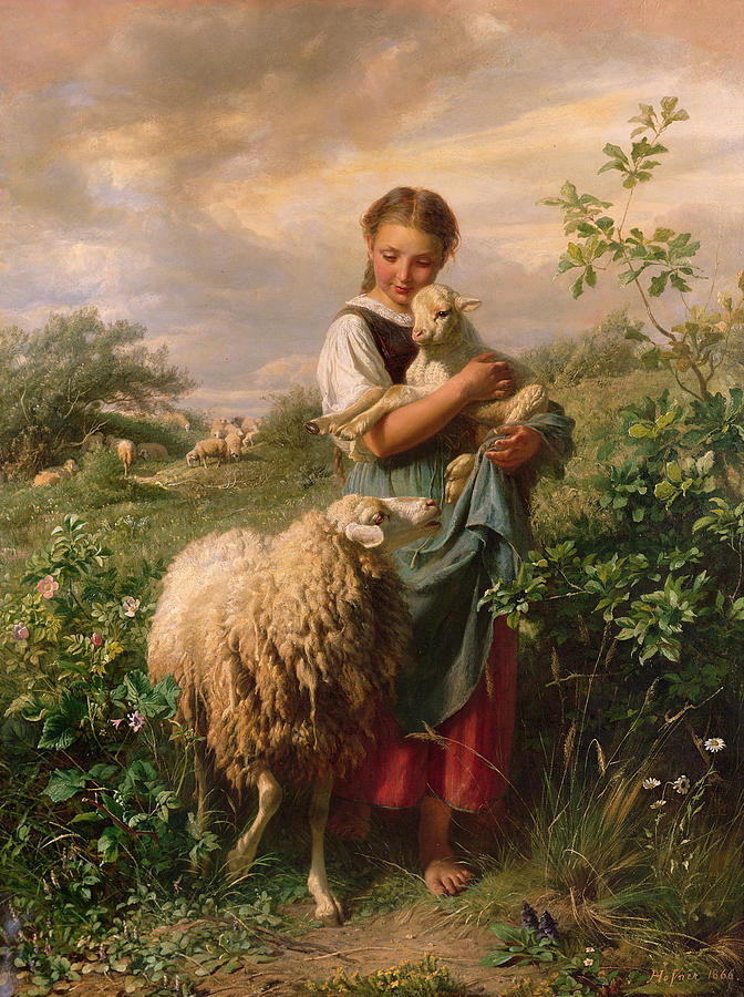 Girl Tending Sheep in Nature Painting - The Shepherdess by Johann Baptist Hofner