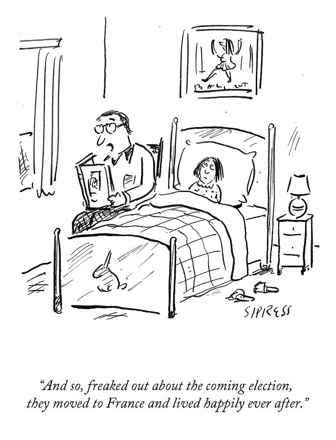 Father Reading to Daughter at Bedtime Drawing - They Moved to France by David Sipress