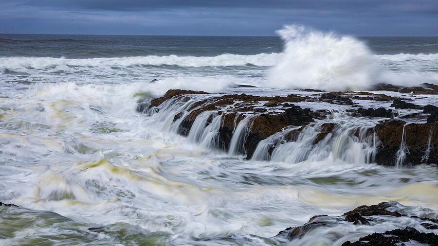 Waves Crashing on Rocky Shore Photograph - Thors Well Oregon by Dan Sproul