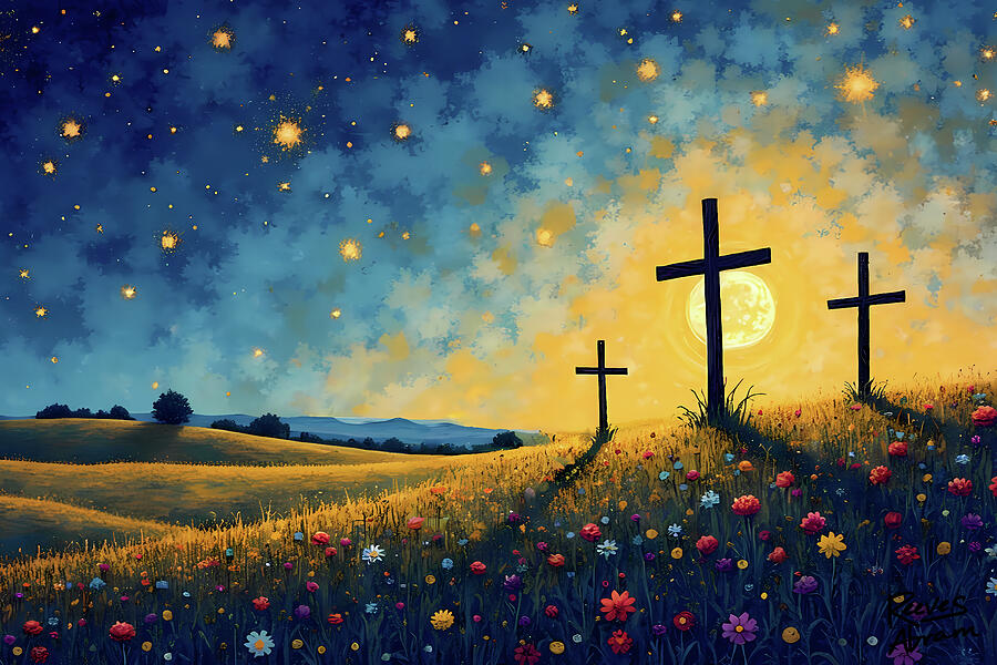 Three Crosses on Hill Mixed Media by Reeves Abram - Pastor Reeves Studio - Metal Posters