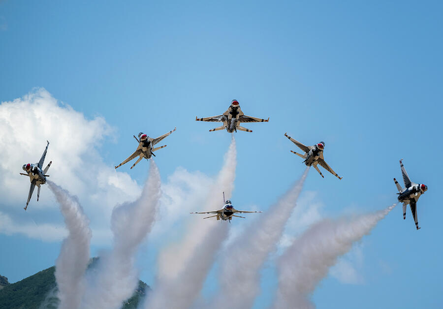Fighter Jets in Precision Formation Photograph - Thunderbirds Vertical Burst Formation in the Clear Blue Sky by Dave Koch - Aircraft Photography