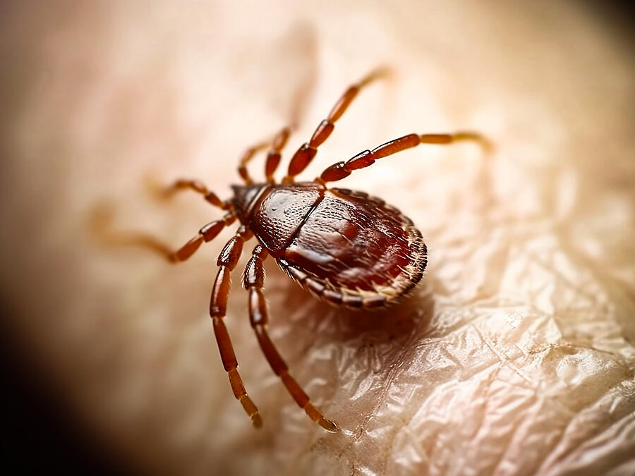 Tick on human skin, illustration Drawing by Juan Gaertner/science Photo Library